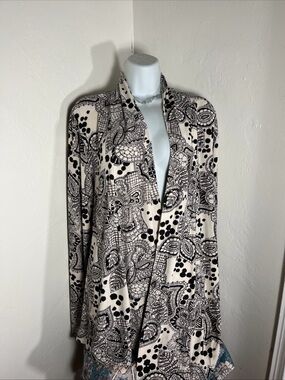 TravelSmith Black and Cream Paisley Open-Front Cardigan